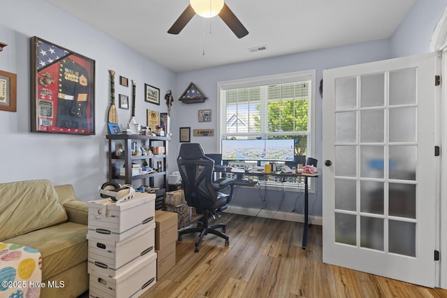 office featuring visible vents, ceiling fan, and wood finished floors
