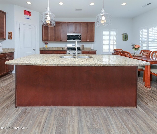 kitchen with stainless steel appliances, light wood-style flooring, a sink, recessed lighting, and pendant lighting
