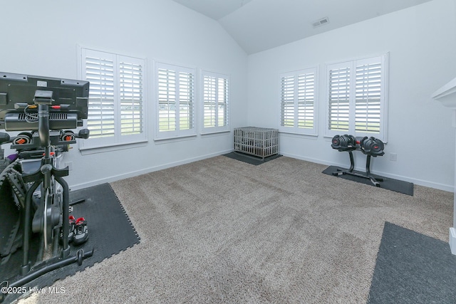 exercise room featuring lofted ceiling, baseboards, and carpet flooring