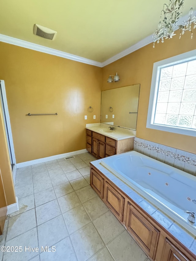 117 Quail Woods Dr, New Bern, NC 28560 - full bath with visible vents, crown molding, tile patterned flooring, vanity, and a whirlpool tub