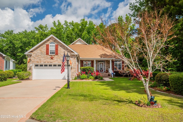 traditional-style house with a front yard, brick siding, driveway, and a garage