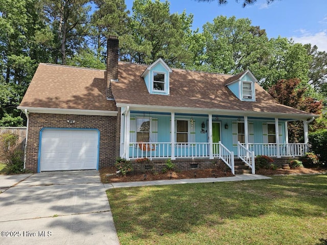 cape cod home featuring a garage, covered porch, a front lawn, driveway, and a chimney
