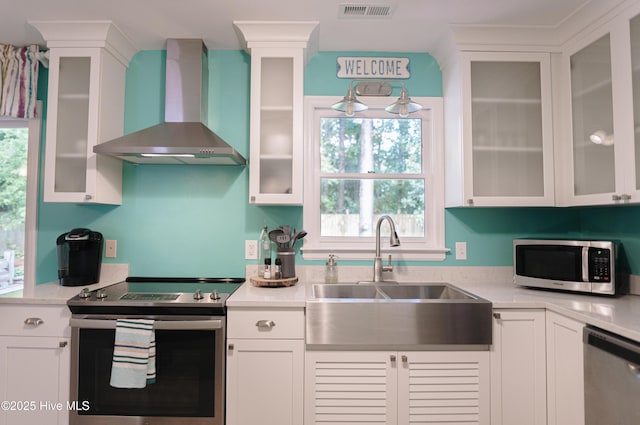 kitchen featuring stainless steel appliances, wall chimney range hood, a sink, and plenty of natural light