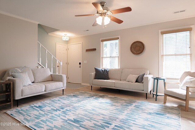 living area featuring crown molding, stairway, a ceiling fan, and light wood-style floors