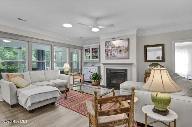 489 Broomsedge Ct SE, Bolivia, NC 28422 - living area featuring light wood-type flooring, a ceiling fan, a glass covered fireplace, and ornamental molding