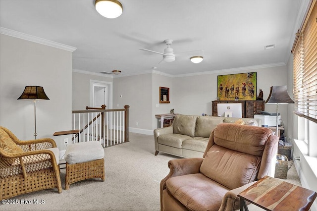 489 Broomsedge Ct SE, Bolivia, NC 28422 - living area with carpet flooring, crown molding, a ceiling fan, and baseboards