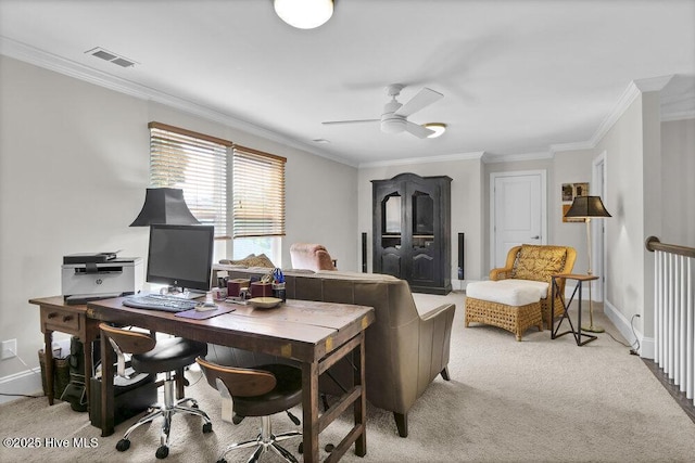 489 Broomsedge Ct SE, Bolivia, NC 28422 - office area with a ceiling fan, crown molding, light carpet, and baseboards