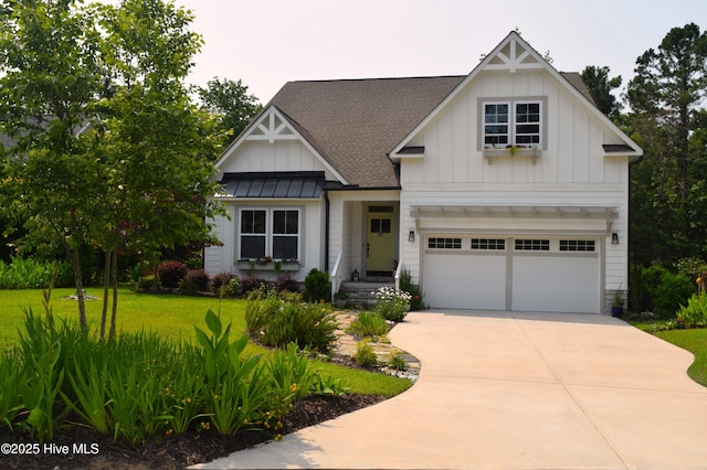 489 Broomsedge Ct SE, Bolivia, NC 28422 - view of front of house featuring board and batten siding, concrete driveway, a garage, a shingled roof, and a front lawn