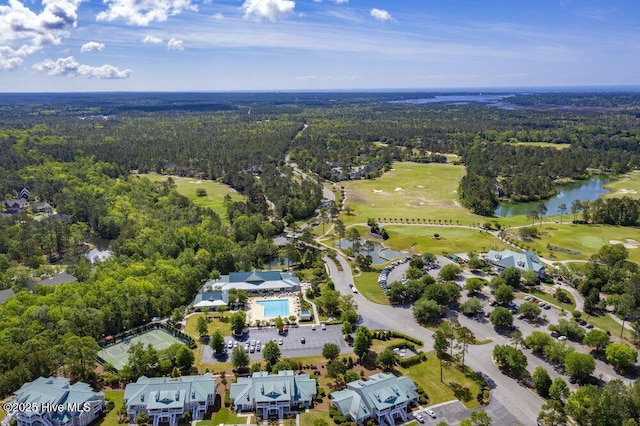 489 Broomsedge Ct SE, Bolivia, NC 28422 - aerial view of property and surrounding area with a heavily wooded area, a nearby body of water, and a golf course