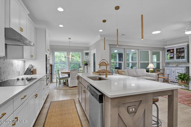 489 Broomsedge Ct SE, Bolivia, NC 28422 - kitchen featuring stainless steel dishwasher, a sink, under cabinet range hood, black electric stovetop, and recessed lighting