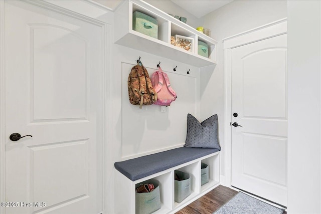 mudroom with dark wood finished floors