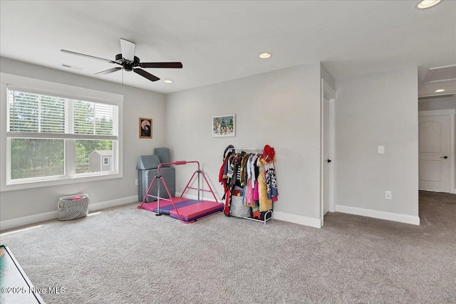 playroom with carpet flooring, baseboards, a ceiling fan, and recessed lighting
