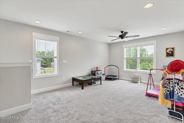 game room with recessed lighting, baseboards, a ceiling fan, and carpet