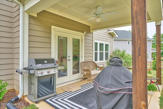 view of patio / terrace with a grill, a ceiling fan, and french doors