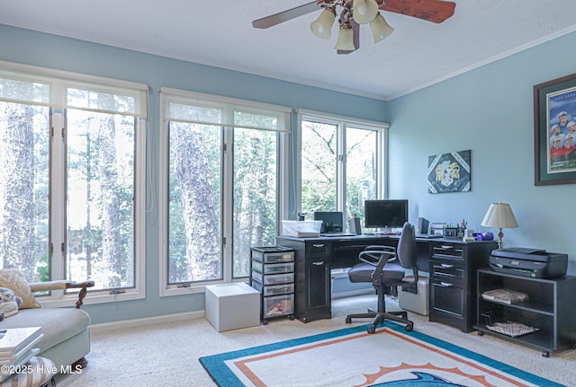 1 Collett Ln, Pinehurst, NC 28374 - home office with plenty of natural light, carpet floors, a ceiling fan, baseboards, and ornamental molding