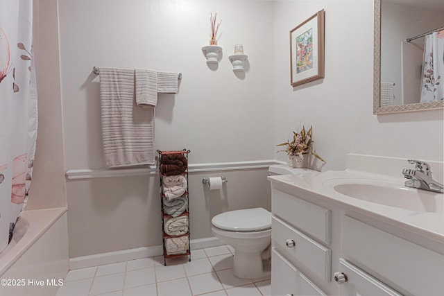 1 Collett Ln, Pinehurst, NC 28374 - bathroom featuring toilet, tile patterned floors, baseboards, vanity, and shower / bathtub combination with curtain