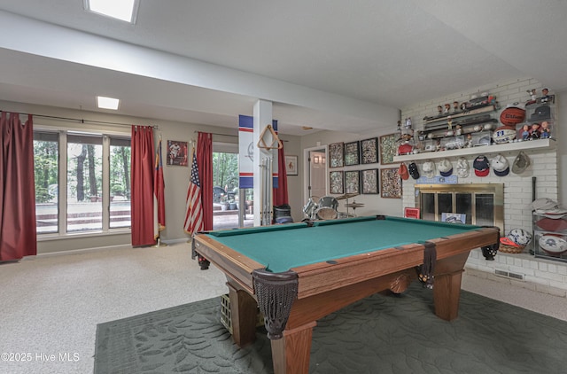 1 Collett Ln, Pinehurst, NC 28374 - rec room featuring a fireplace, billiards table, and carpet flooring