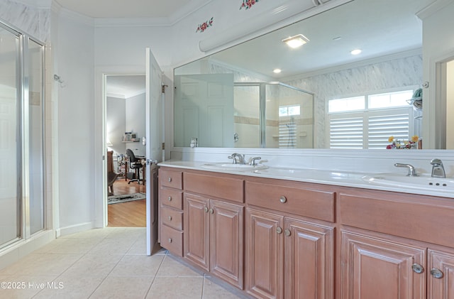 127 Sakonnet Trl, Pinehurst, NC 28374 - full bathroom featuring a shower stall, ornamental molding, tile patterned floors, and double vanity