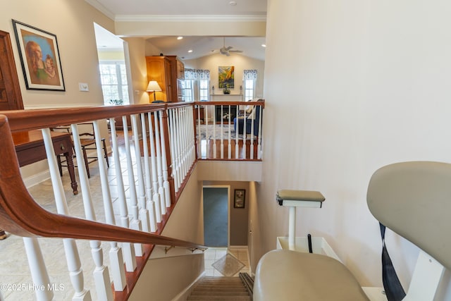 3243 Marsh View Dr SW, Supply, NC 28462 - staircase featuring ornamental molding, tile patterned flooring, a ceiling fan, recessed lighting, and baseboards