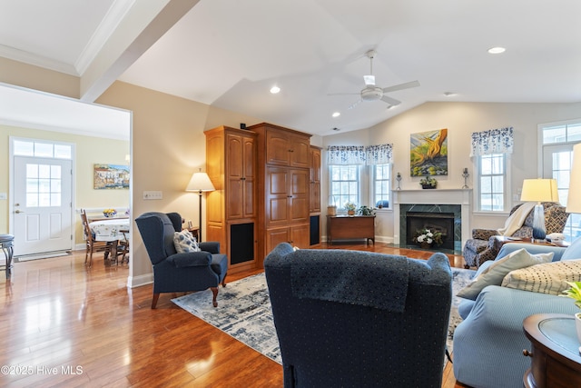 3243 Marsh View Dr SW, Supply, NC 28462 - living area with a ceiling fan, plenty of natural light, light wood-type flooring, recessed lighting, and vaulted ceiling