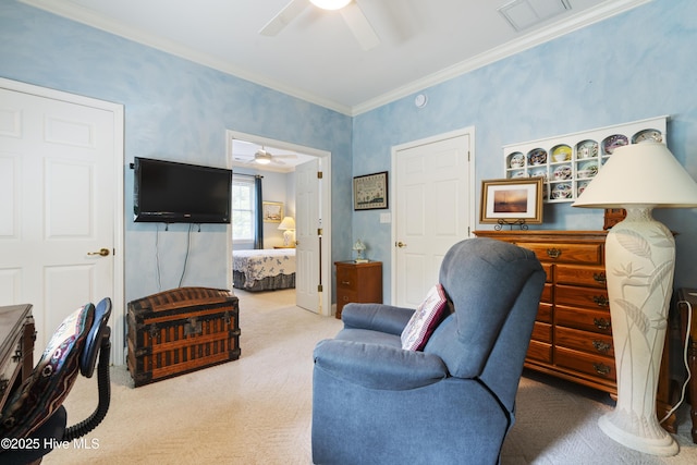 3243 Marsh View Dr SW, Supply, NC 28462 - living area featuring ceiling fan, carpet flooring, and ornamental molding
