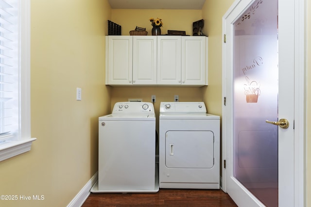 3243 Marsh View Dr SW, Supply, NC 28462 - washroom with washing machine and clothes dryer, cabinet space, and dark wood finished floors