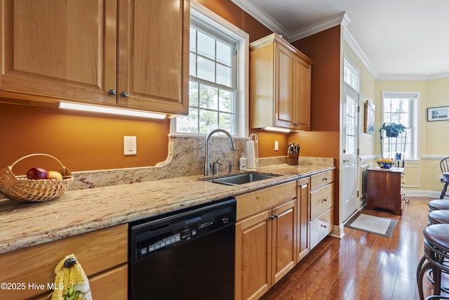 3243 Marsh View Dr SW, Supply, NC 28462 - kitchen with black dishwasher, a sink, dark wood-type flooring, plenty of natural light, and ornamental molding