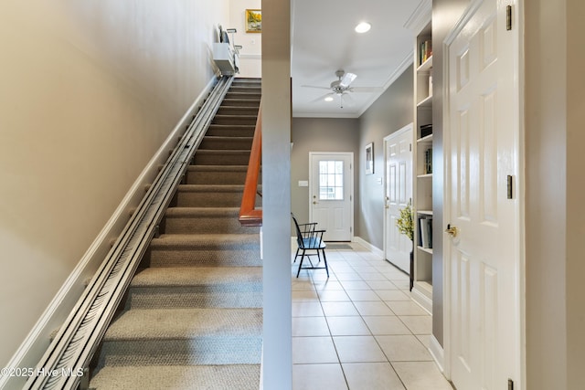 3243 Marsh View Dr SW, Supply, NC 28462 - stairway with crown molding, a ceiling fan, tile patterned flooring, baseboards, and recessed lighting