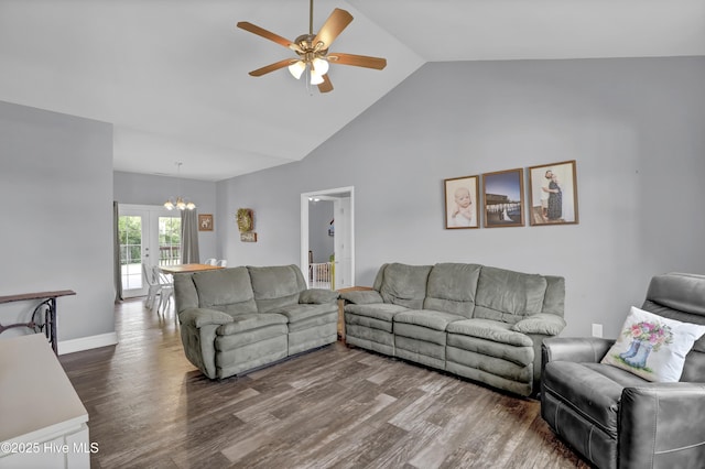 133 Fallbrook Ln, Rocky Point, NC 28457 - living room featuring ceiling fan, dark wood-style flooring, a chandelier, high vaulted ceiling, and french doors