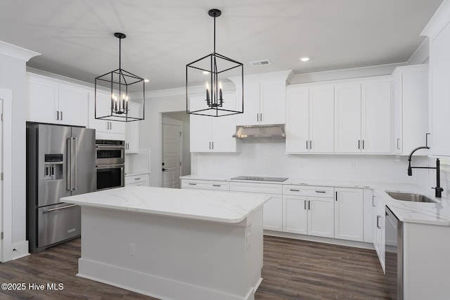 738 Hollybriar Loop Rd SE, Bolivia, NC 28422 - kitchen with appliances with stainless steel finishes, a sink, a chandelier, under cabinet range hood, and recessed lighting