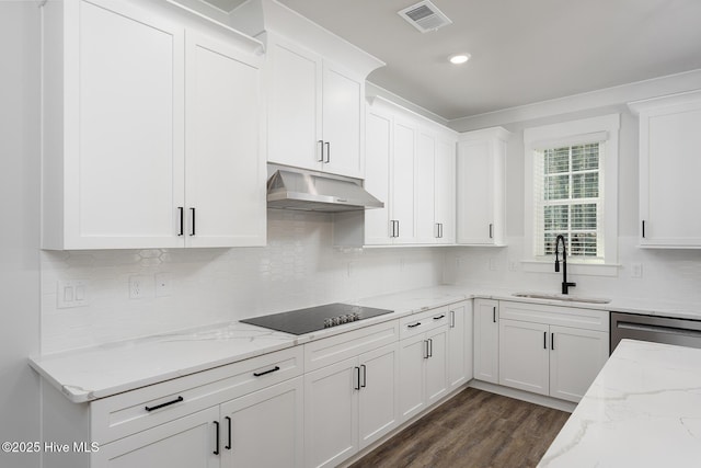 738 Hollybriar Loop Rd SE, Bolivia, NC 28422 - kitchen featuring under cabinet range hood, black electric cooktop, a sink, white cabinetry, and dark wood-style flooring
