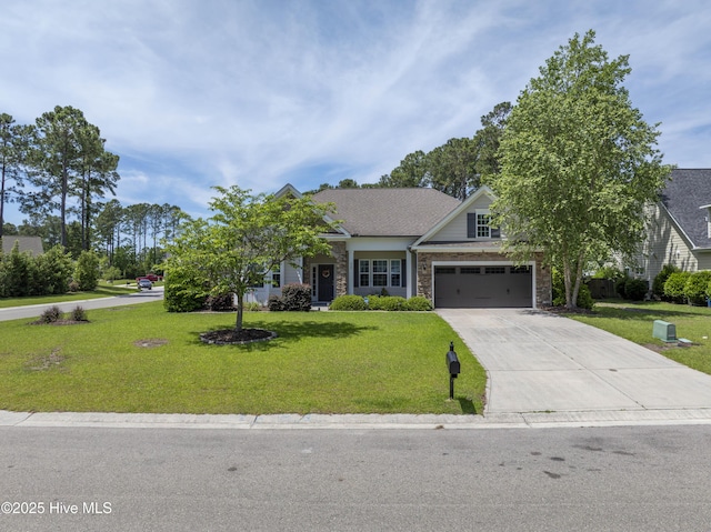 429 Canvasback Ln, Sneads Ferry, NC 28460 - view of front of house with stone siding, driveway, a front lawn, and an attached garage