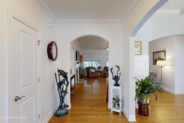 429 Canvasback Ln, Sneads Ferry, NC 28460 - hallway with arched walkways, light wood-style floors, crown molding, and baseboards