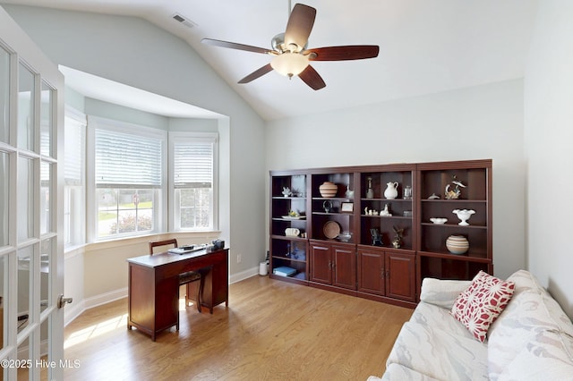 429 Canvasback Ln, Sneads Ferry, NC 28460 - office area featuring vaulted ceiling, light wood finished floors, ceiling fan, and baseboards