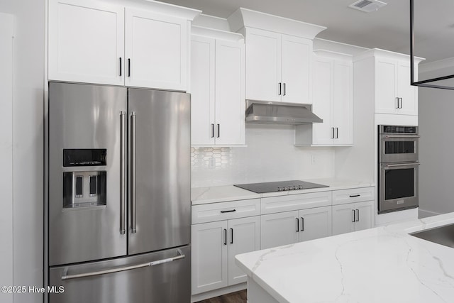 kitchen featuring appliances with stainless steel finishes, under cabinet range hood, white cabinetry, and light stone countertops