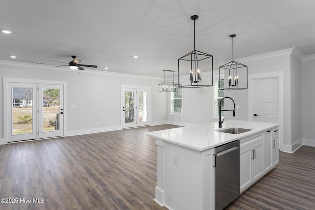 735 Hollybriar Loop Rd SE, Bolivia, NC 28422 - kitchen with stainless steel dishwasher, a sink, ceiling fan, healthy amount of natural light, and ornamental molding