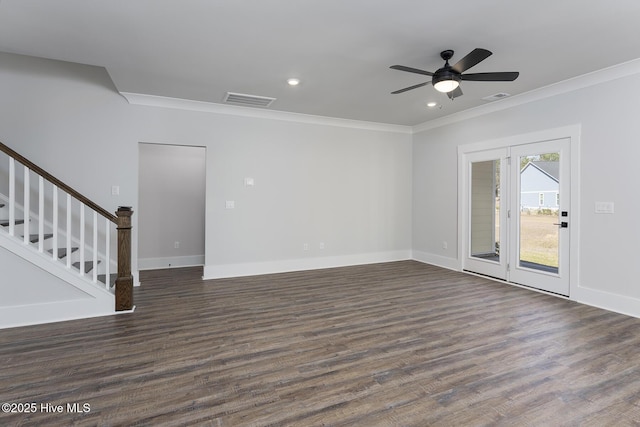 735 Hollybriar Loop Rd SE, Bolivia, NC 28422 - unfurnished room featuring crown molding, dark wood-type flooring, stairway, ceiling fan, and baseboards