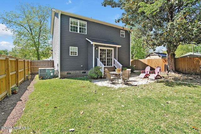 back of property featuring a patio, cooling unit, crawl space, a lawn, and entry steps