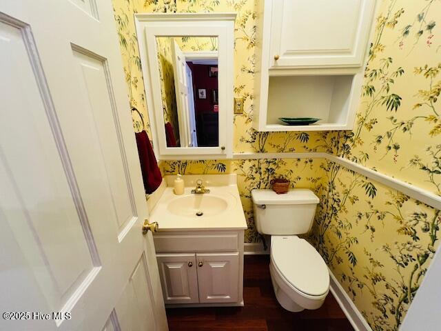 45 Hb Lewis Rd, Clinton, NC 28328 - bathroom with wallpapered walls, wood finished floors, vanity, and toilet