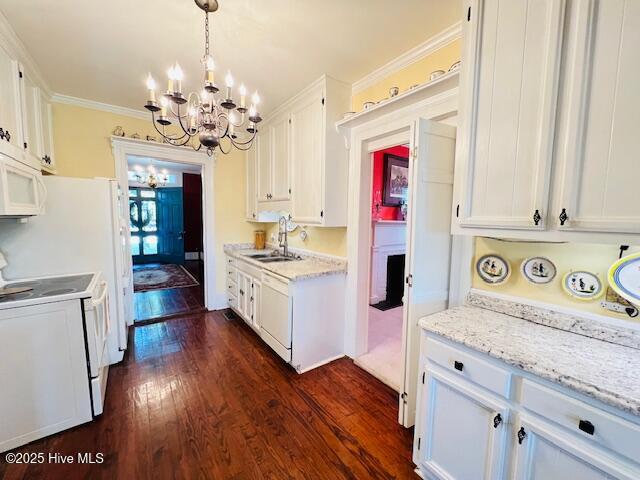 45 Hb Lewis Rd, Clinton, NC 28328 - kitchen featuring white appliances, a sink, a chandelier, white cabinetry, and dark wood finished floors