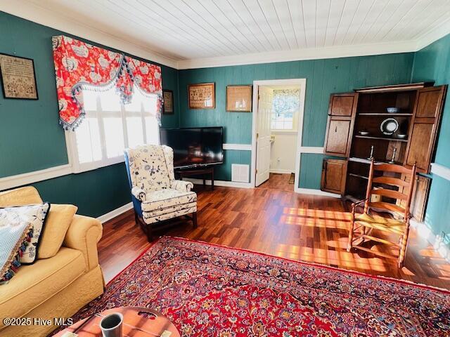 45 Hb Lewis Rd, Clinton, NC 28328 - living room with wood finished floors, ornamental molding, baseboards, and wooden ceiling