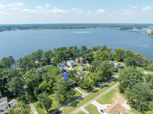 drone / aerial view featuring a water view