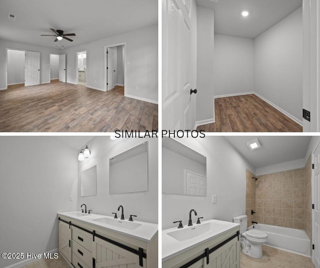 full bath featuring toilet, wood finished floors, a ceiling fan, and a sink