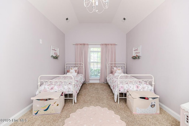 bedroom featuring a chandelier, lofted ceiling, carpet flooring, and baseboards