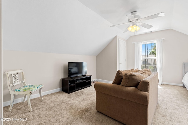 4145 Brighton Ln, Southport, NC 28461 - carpeted living area with vaulted ceiling, baseboards, a ceiling fan, and visible vents