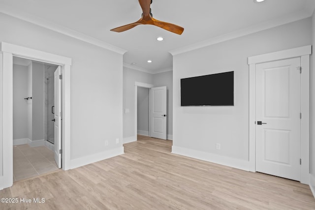 unfurnished bedroom with light wood finished floors, connected bathroom, crown molding, baseboards, and recessed lighting