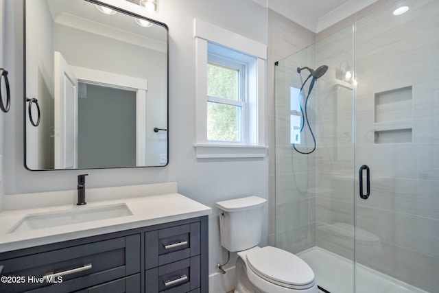 full bathroom with a shower stall, vanity, and toilet