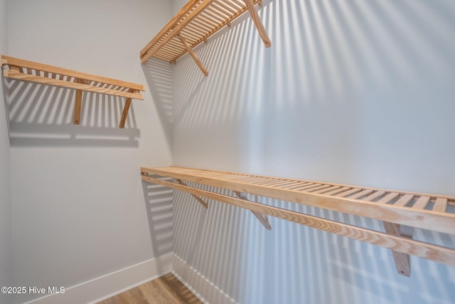 walk in closet with wood finished floors
