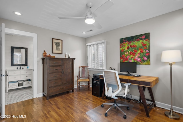 office space with wood finished floors, baseboards, a ceiling fan, and recessed lighting