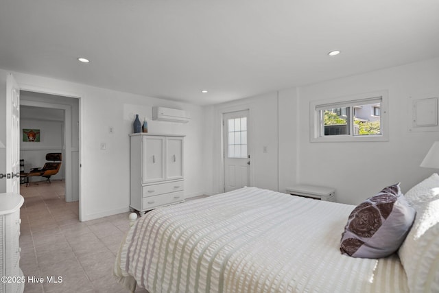 bedroom with a wall mounted air conditioner, light tile patterned floors, multiple windows, recessed lighting, and baseboards